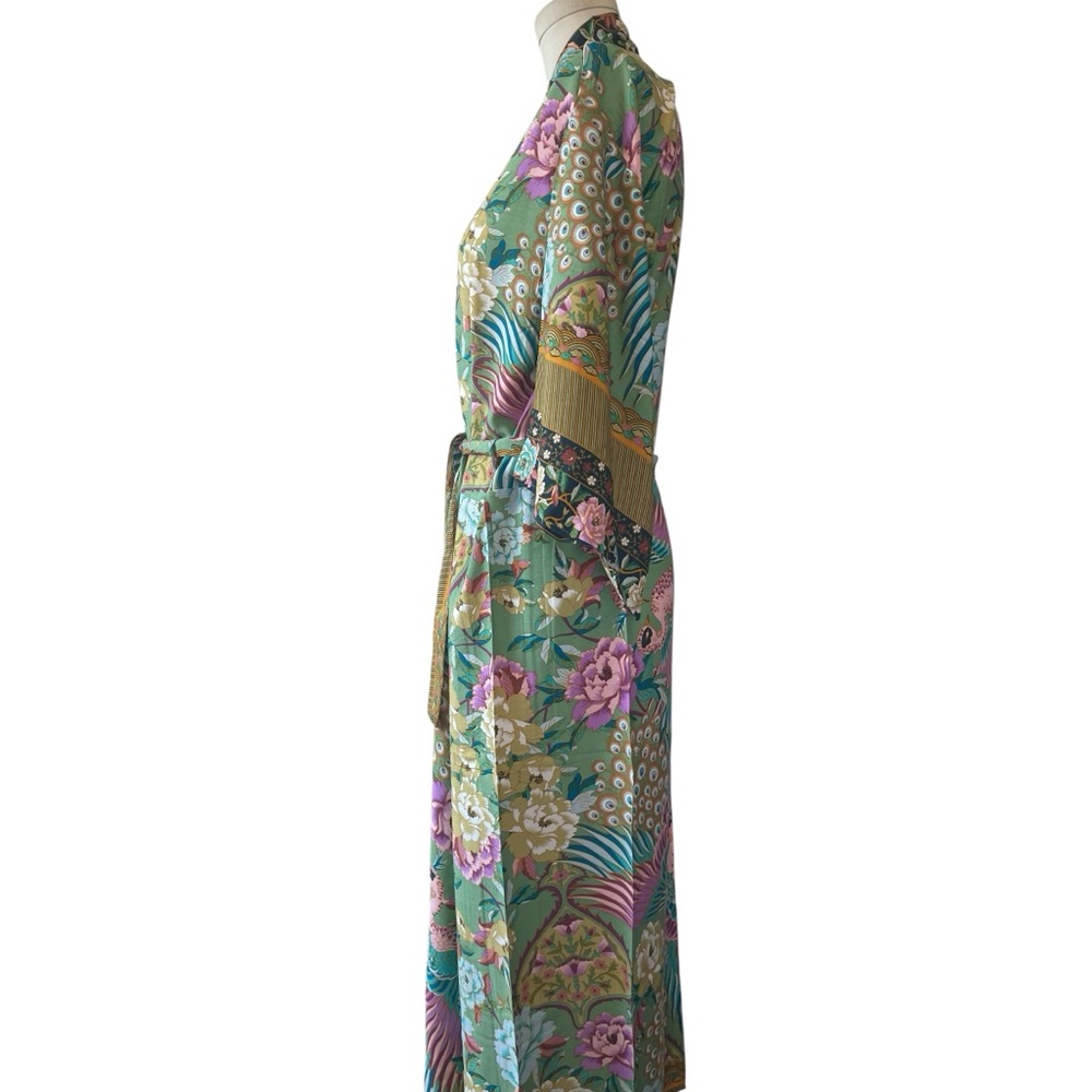 ❤️ NEW! Boho Floral x Peacock Full Length Tie Waist Kimono - Picture 4 of 7
